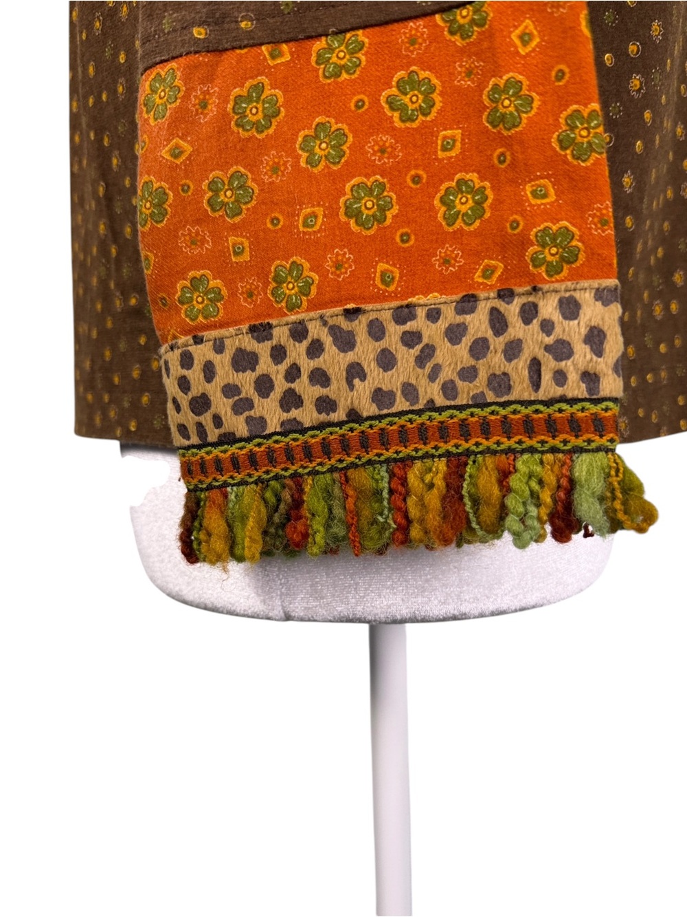 F.L. Malik Boho Mixed Print Fringe Trim Top Brown Orange Green M - Picture 7 of 10